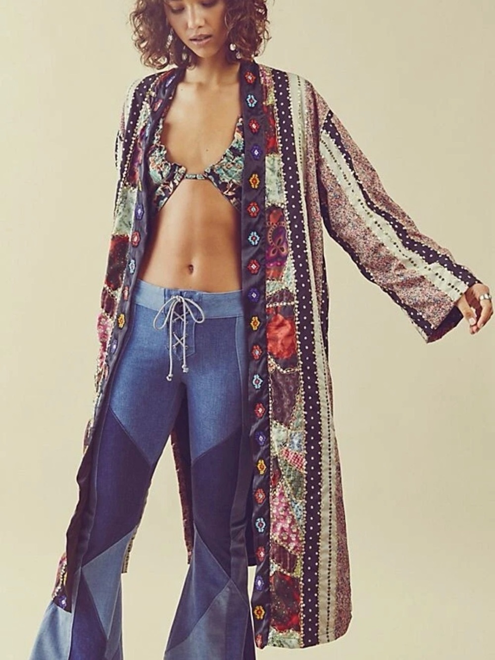 Free People Kayla Duster/Patchwork Kimono Coat-Multicolor intricate details,sz S